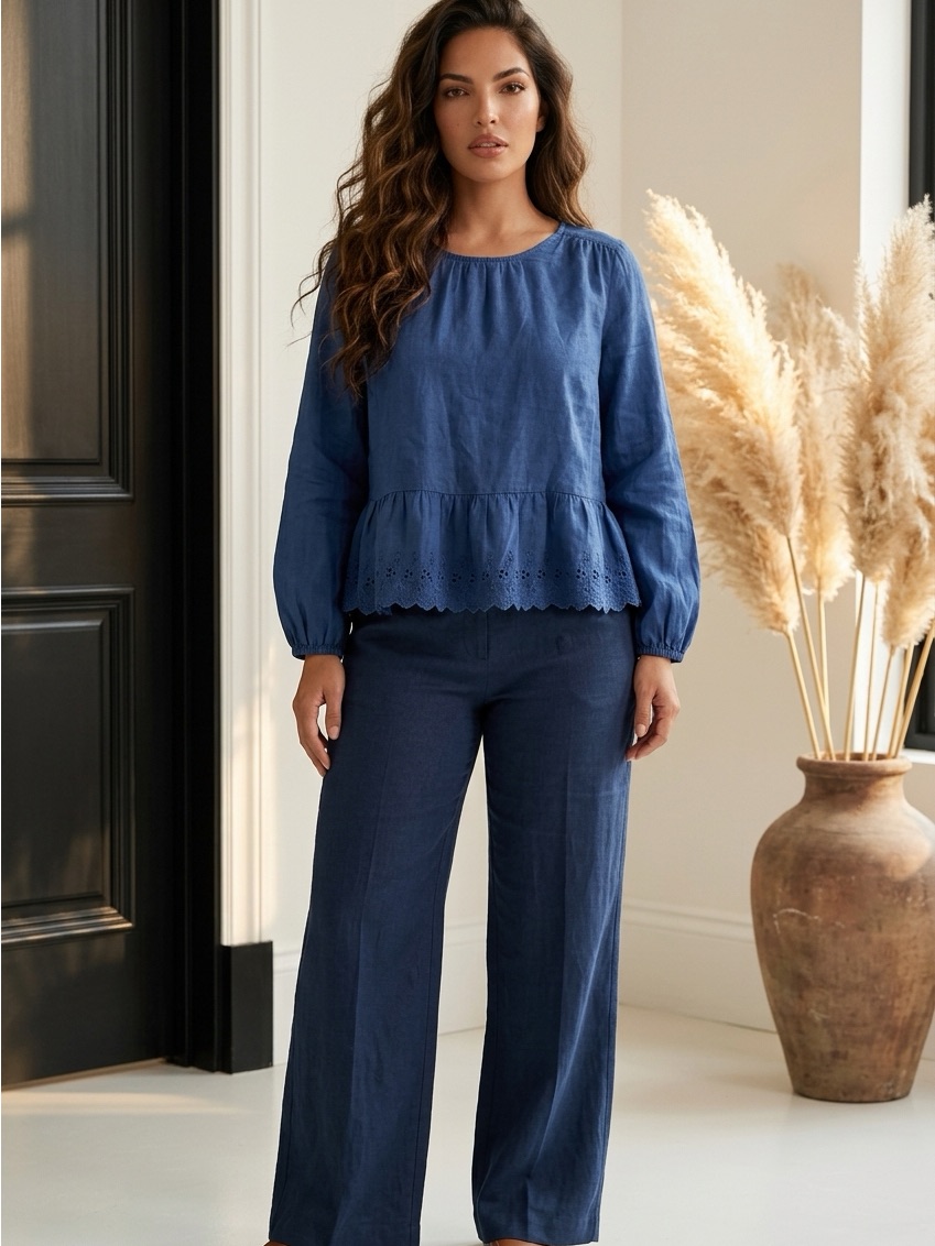 The Great. Back Buttoned Scalloped Eyelet Hem Peplum Blouse